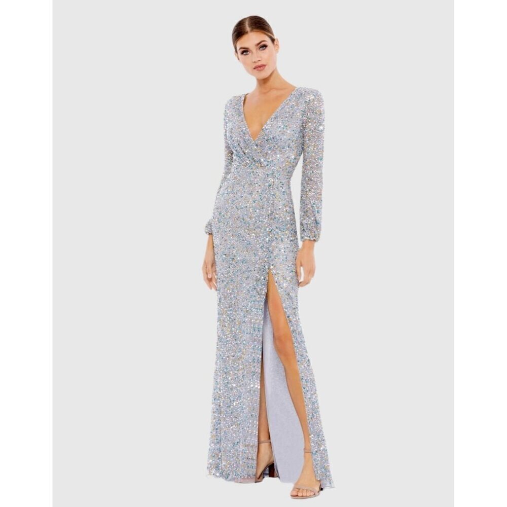 Mac Duggal Size 2 Silver 5213 SEQUIN LONG SLEEVE Wrap Formal GOWN Dress $498